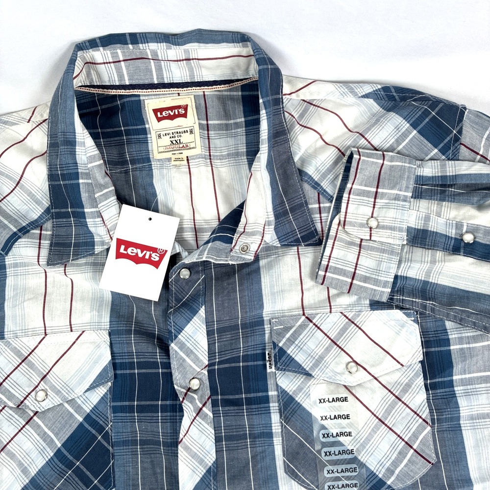 New Mens Levi's Pearl Snap Long Sleeve Shirt Size XXL Plaid Blue‎ White